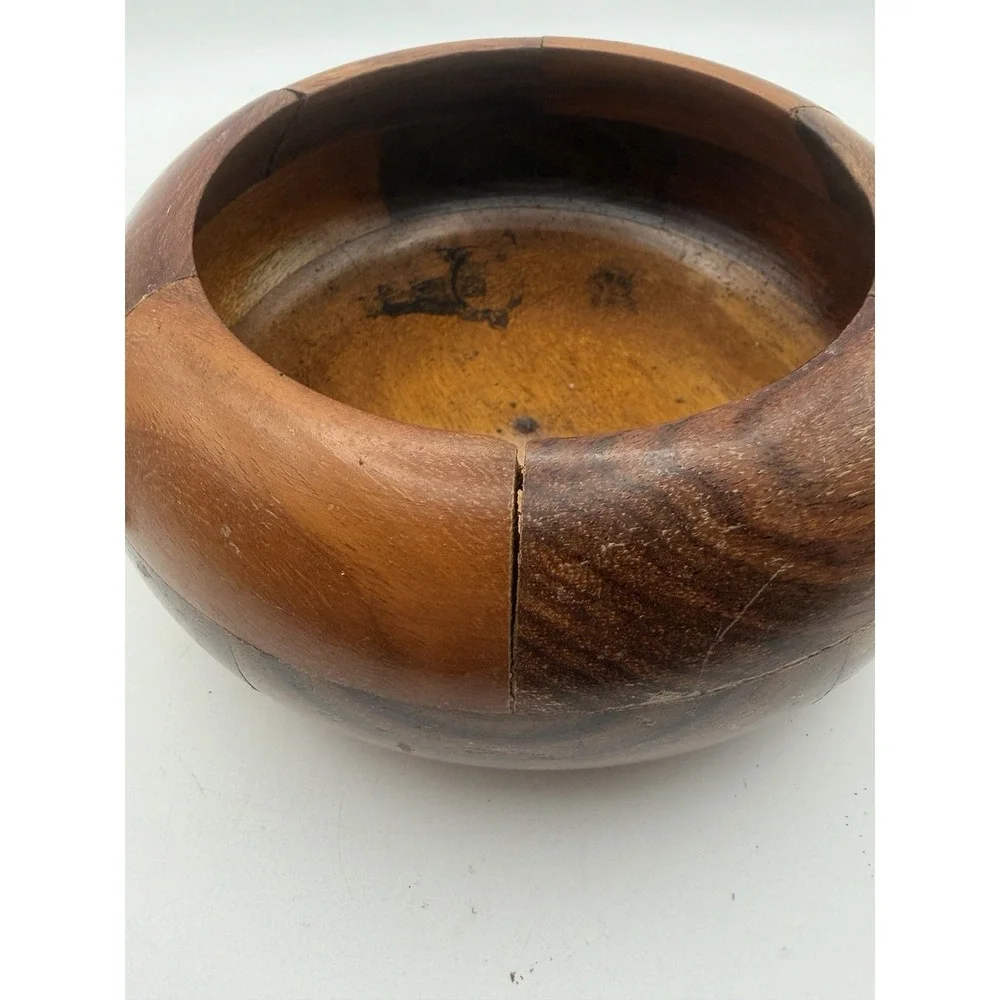 Vintage Hand Turned Patchwork Wooden Lidded Bowl Trinket Box Rustic Decor 5.25